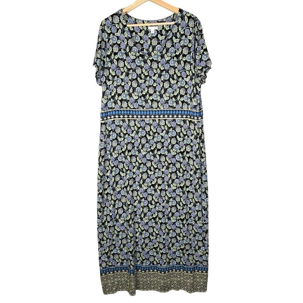 J Jill Maxi Dress Large Floral Paisley Short Sleeve V Neck Knit Stretch Summer